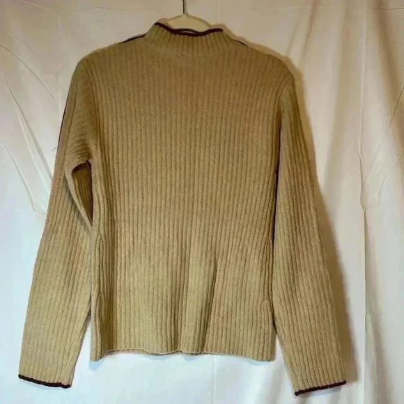 MYSTREE ROUND NECK RIBBED KNIT PULLOVER SWEATER BEIGE BROWN PIPING SIZE LARGE - Picture 2 of 7